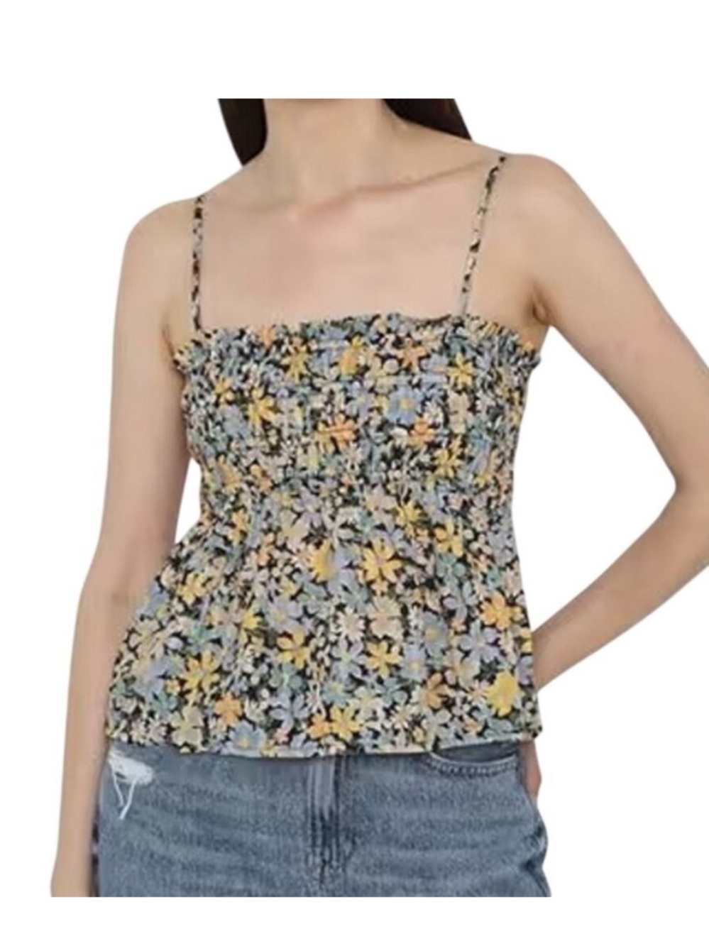American Eagle Outfitters Floral Smocked Cami Top - Yellow, Blue, Black